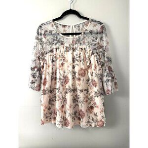 Womens Coquette XL Light Pink Mesh Top Floral Fairycore Blouse Boho Cottagecore